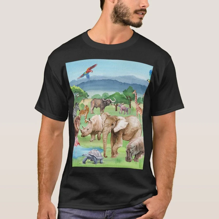African Wildlife: Savannah Watercolor Wallpaper. T-Shirt, Men's, Size: Adult S, Black