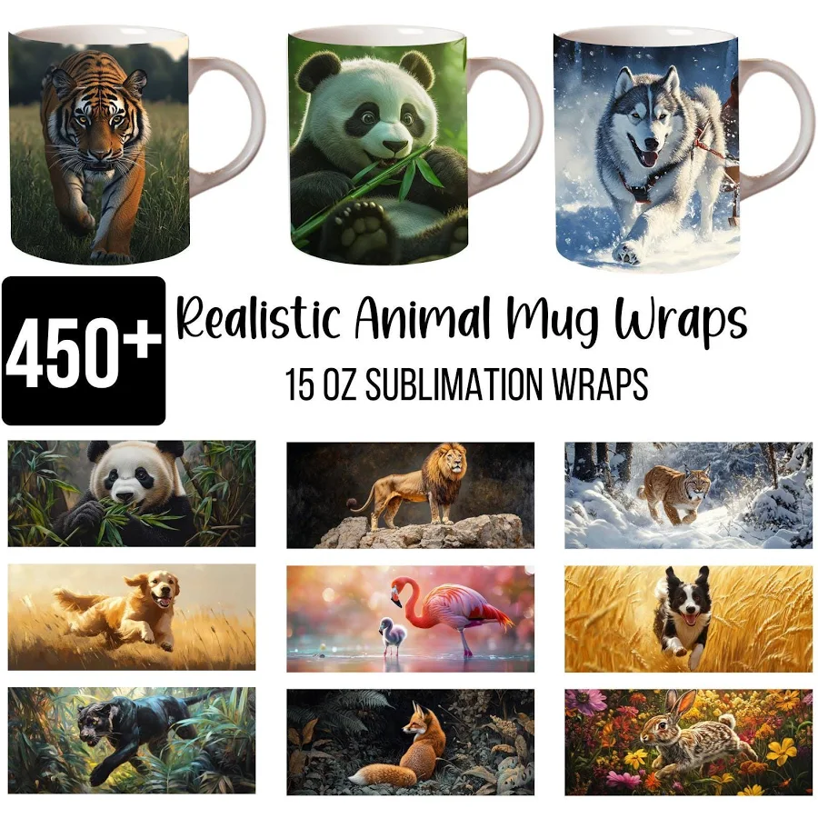 450+ Realistic Animal Mug Wraps, Tiger, Panda, Wolf, Lion & Wildlife Sublimation Designs, 15 oz Mug Wrap PNG Bundle, Digital Download