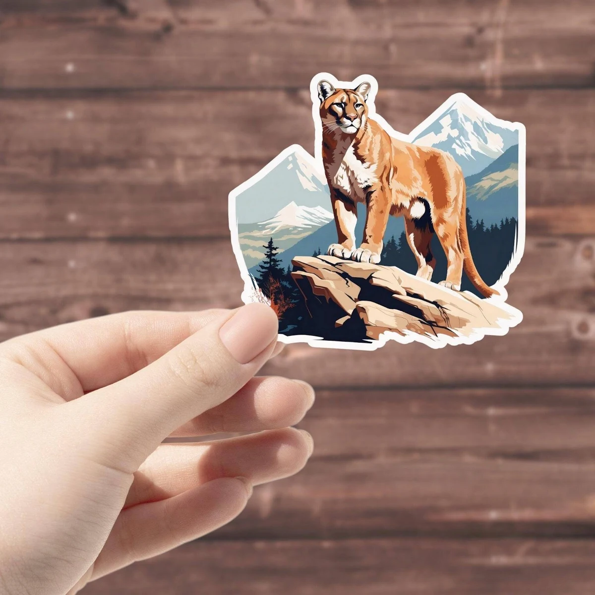 Mountain Lion Sticker: Waterproof Vinyl Decal, Snowy Mountain Scene