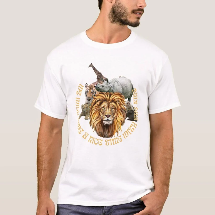 Wild Jungle Animals with Majestic Lion Centered T-Shirt, Men's, Size: Adult S, White