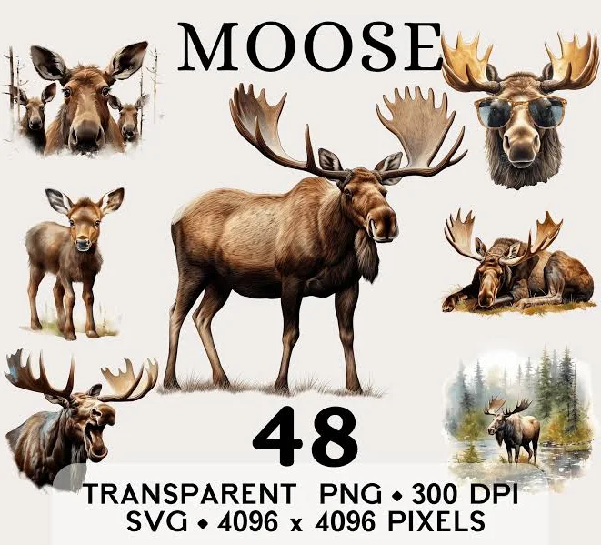 Moose Clipart Forest, Wild Bull Moose Woodland Watercolor Clip Art, Animal Sticker Mug and Shirt Design, Digital Printable Download PNG SVG
