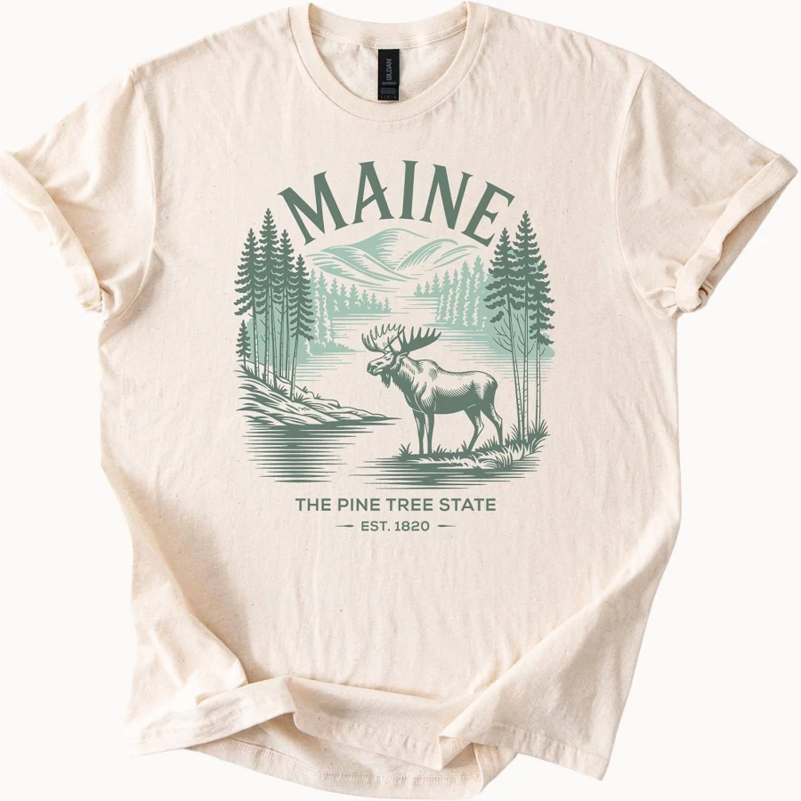 Maine Moose Graphic T Shirt Pine Tree State Nature Mountains Forest Scenic Landscape Outdoor Hiking Wildlife Tee Gift Est 1820