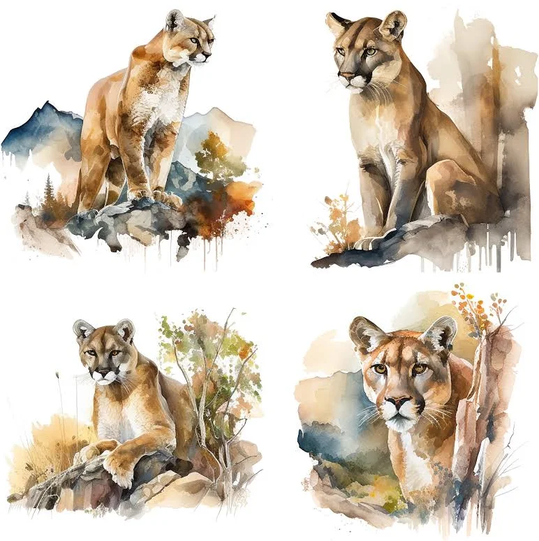 Mountain Lion Watercolor Clipart Set of 4 - Commercial Use PNG Digital Downloads for Stickers, Mugs, and T-Shirts - Wilderness prints V1