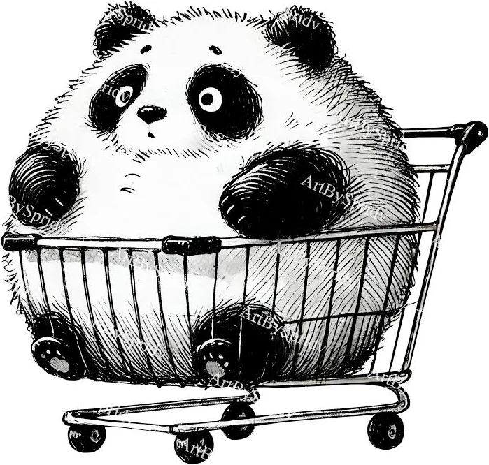 Fat Panda in Shopping Cart PNG Clipart, Hilarious Animal Illustration, Transparent Digital Download for T-Shirt Sublimation, Stickers&Crafts