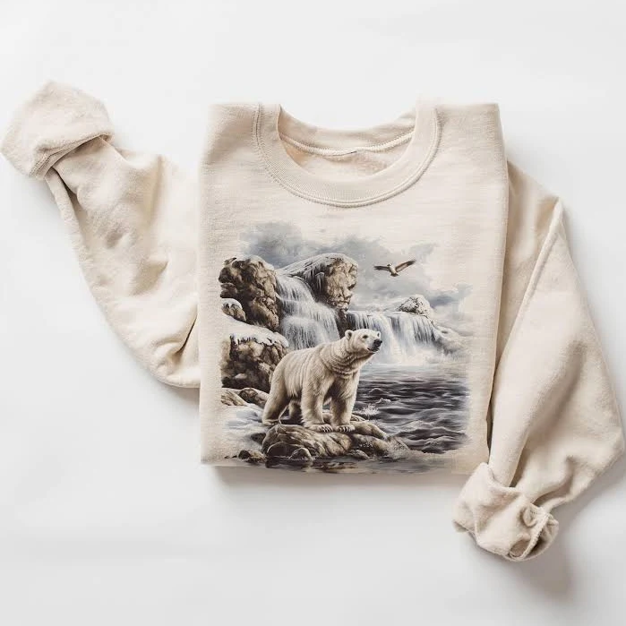 Retro Polar Bear Arctic Sea Scene Sweatshirt - 90s Wildlife Watcher Bear Gift - Polar Bear Outfit - Boho Unisex Crewneck Sweatshirt