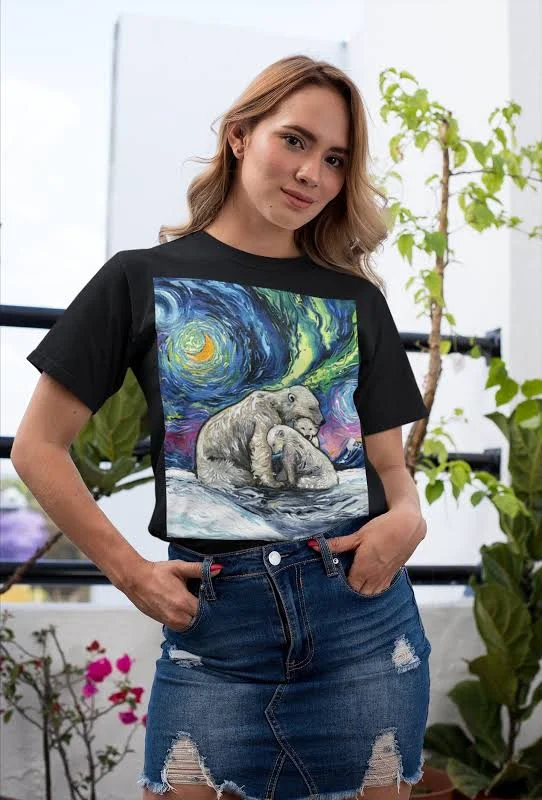 Shirt Polar Bear Family Northern Lights Starry Night Animal ShortSleeve Unisex TShirt Art by Aja Soft top clothing Apparel