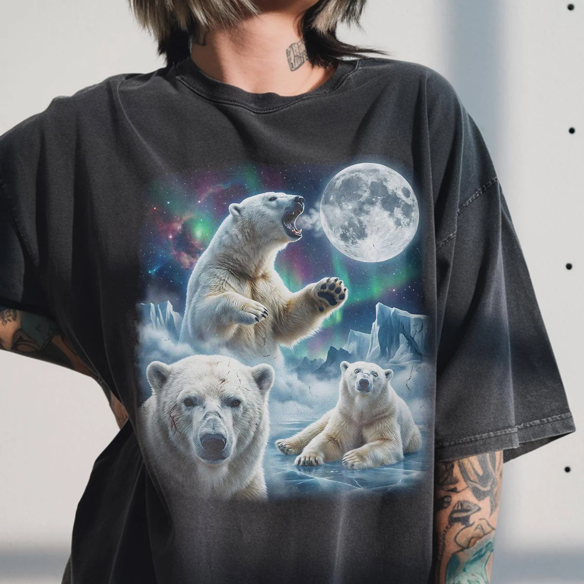 Three Polar Bear Moon Shirt, Vintage 90s Graphic Tee, Arctic Wildlife Animal Gift