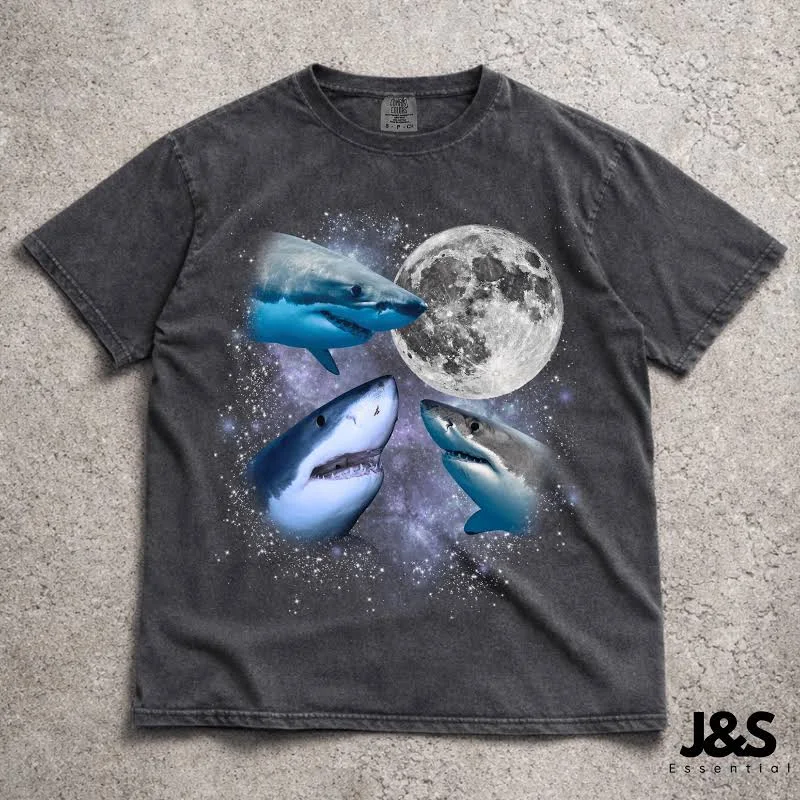 Vintage Shark Moon Graphic T-Shirt