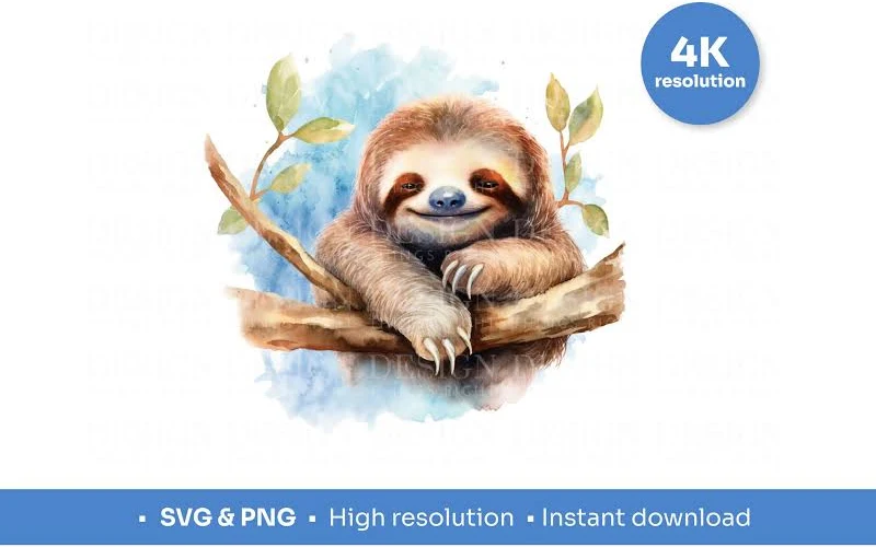 Cute sloth on branch | Watercolour sloth digital image | Cute, funny sloth - print on anything | Mugs, notebooks, tote bags, sublimation