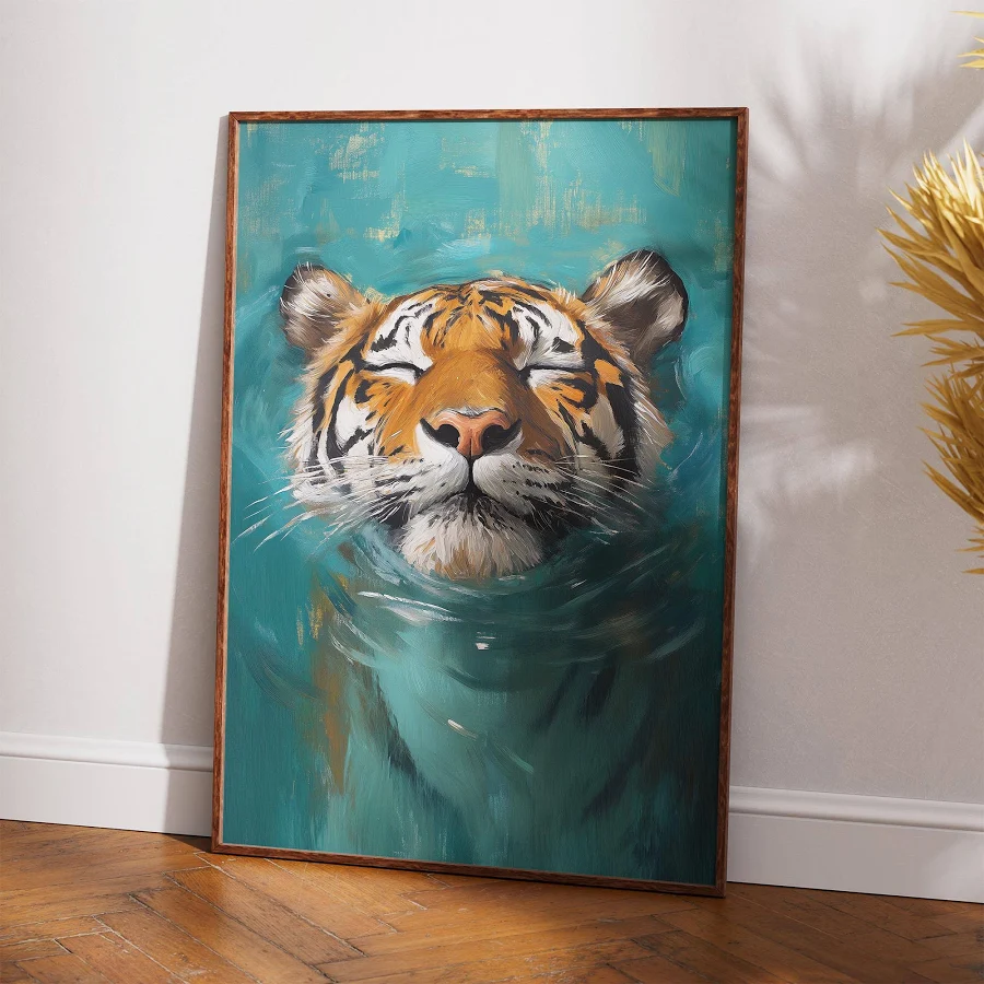 Tiger Wall Art Print - Digital Download Wildlife Painting - Majestic Tiger in Water Poster - Animal Art for Jungle Boho Home Decor