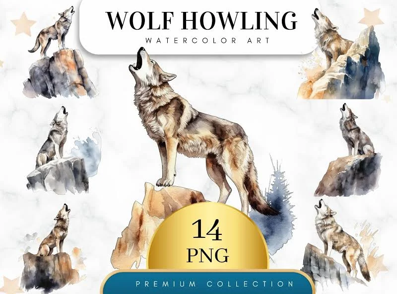 Set of 14, Howling Wolf Clipart, Watercolor Wolf png, Watercolor Wolf Clipart, Wall Art, Paper Craft, Apparel, Junk Journals, Digital Png
