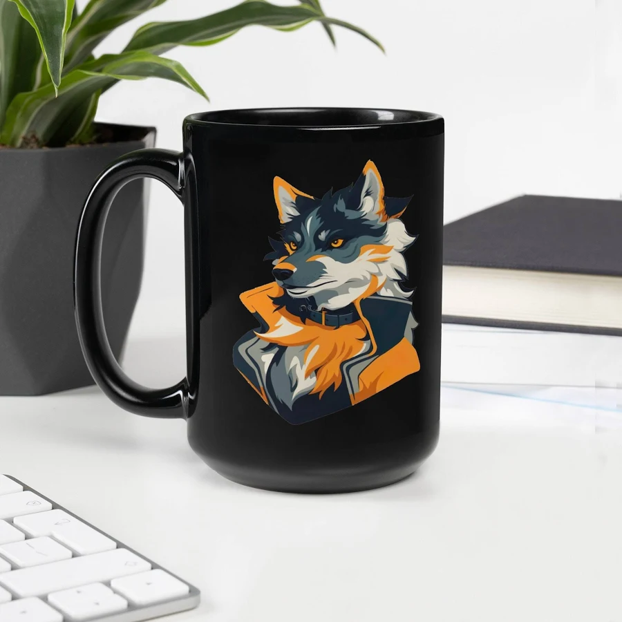 Black large mug with wolf print