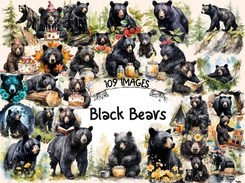 Black Bears Watercolor Clipart Bundle: 109 PNG Forest Animal Images (Digital Download)