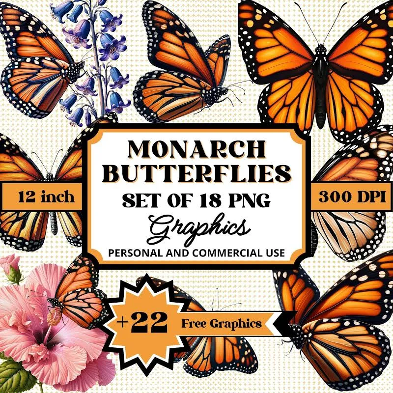 Monarch Butterfly Clipart: 18 PNG Graphics for Sublimation (Digital Download)